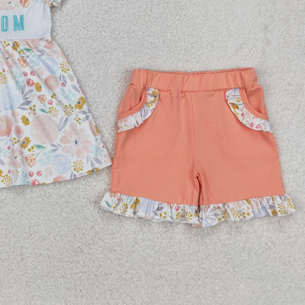 4.07 GSSO2408 RTS NO MOQ Baby Girls Summer Outfits Short sleeves I love MOM floral tunic shorts girls clothes