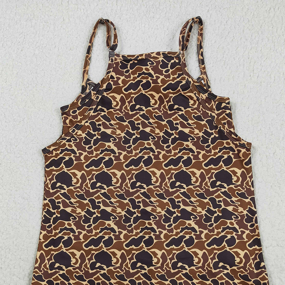 8.21 RTS NO MOQ (In stock)GSD2735 Adult Women Strap Brown Camo Pockets Yoga Active Shorts Dresses