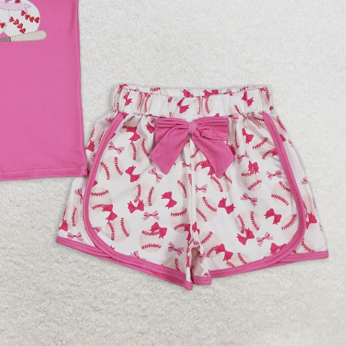 GSSO1685RTS NO MOQ Baby Girls Summer Outfits Girls Pink Flutter Sleeve Baseball Bow Top Shorts Outfit Set Cute Feminine Clothing Set for Kids