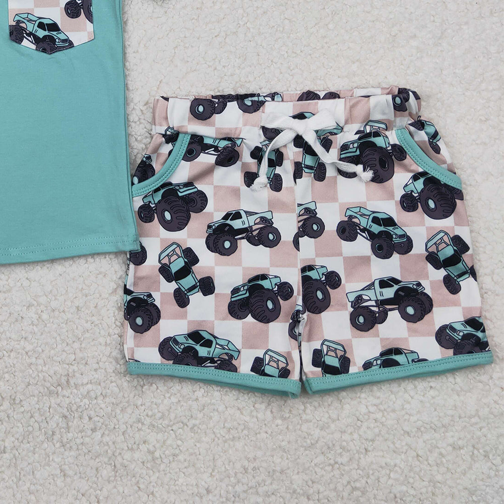 4.11 BSSO1316 RTS NO MOQ Baby Boys Summer Boys Outfits Baby Boys Aqua Short Sleeves Pocket Top Trucks Plaid Short Set