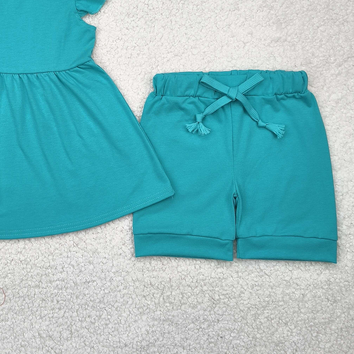 GSSO1731 RTS NO MOQ Baby Girls Summer Outfits Teal flutter sleeves cotton tunic shorts kids girls clothes