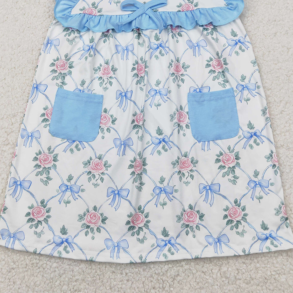 5.17 GSD2230 RTS NO MOQ Baby Girls Summer Dress Baby Girls Pink Flowers Blue Bow Dress