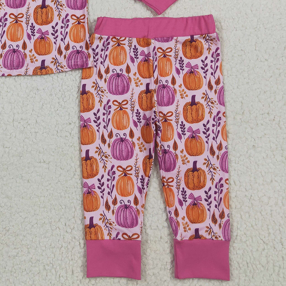 8.15 GLP2415RTS NO MOQ Baby Girls Winter Outfits Baby Girls Long Sleeves Hot Pink Floral Pumpkins Top Pant Pajamas Set
