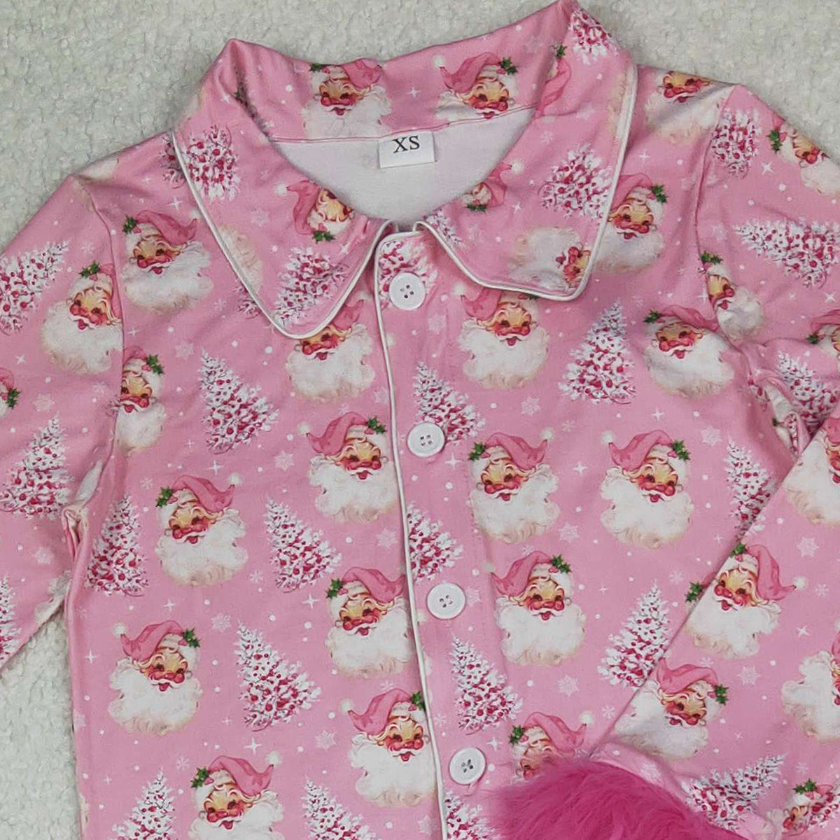 10.11 RTS NO MOQ (In stock)GLP2718 Adult Women Pink Santa Trees Button Top Pants Christmas Fur Pajamas Set