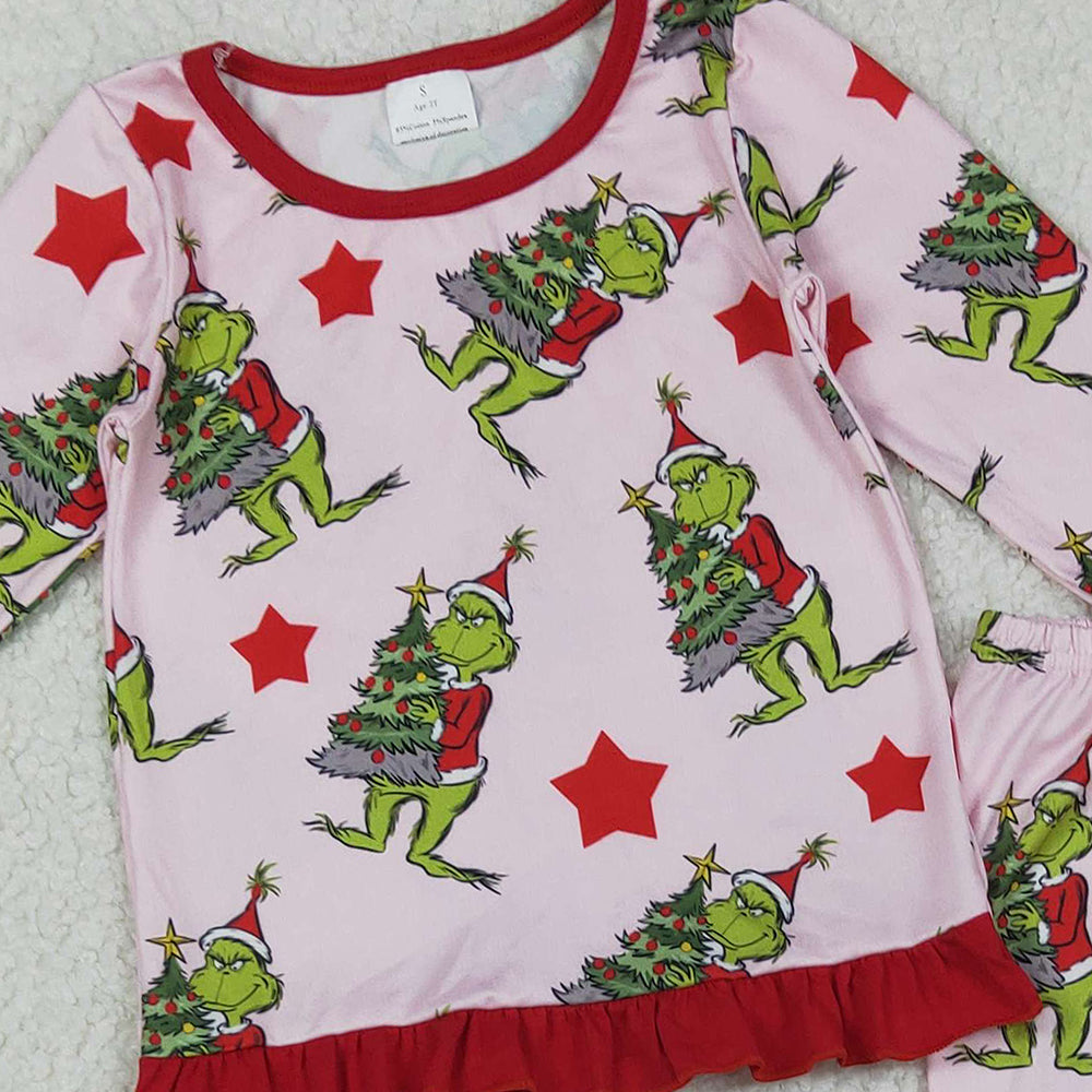 RTS NO MOQ (In stock)GLP2646 Baby Girls Winter Outfits Christmas Green Face Trees Top Pants Pajamas Sets