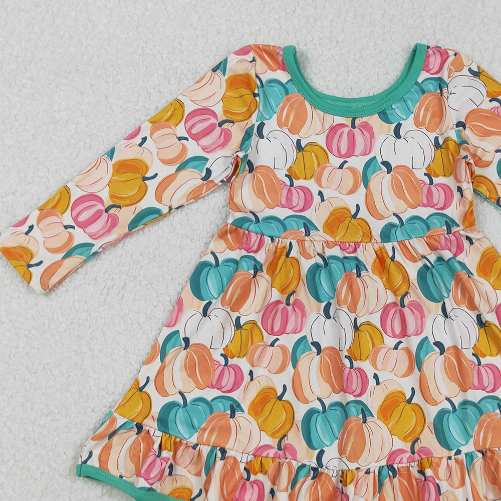 RTS NO MOQ (In stock)GLD1264 Baby Girls Winter Dress Colorful Pumpkin Long Sleeve Girls Dress with Ruffles for Fall Season Girls Clothing