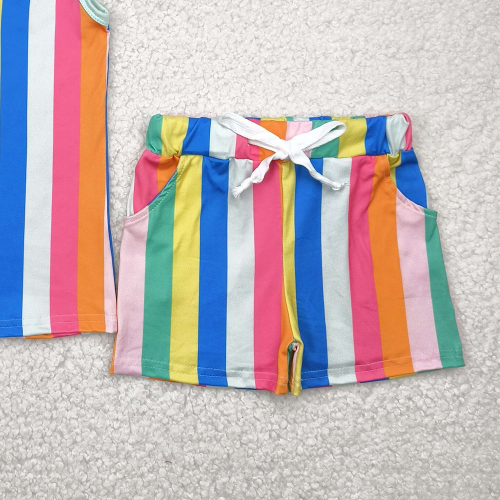 6.26 GSSO2540 RTS NO MOQ Baby Girls Summer Outfits baby girls clothes colorful striped flying sleeve shorts set