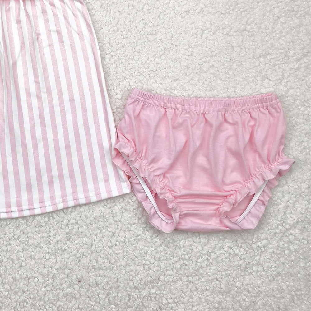 4.09 GBO0476 RTS NO MOQ Baby Girls Summer Outfits Pink bow stripe sleeveless tunic bummies girls clothes