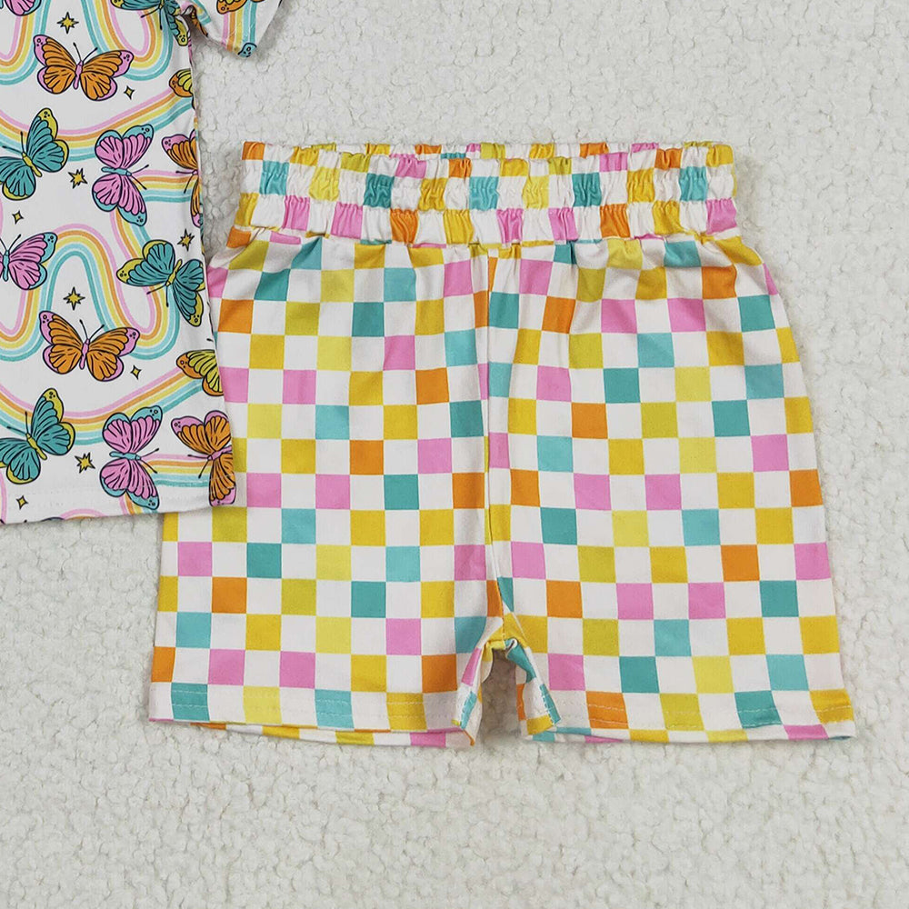 GSSO2615 RTS NO MOQ Baby Girls Summer Outfits Baby Girls Short Sleeves Butterfly Rainbows Top Colorful Plaid Short Pajamas Set