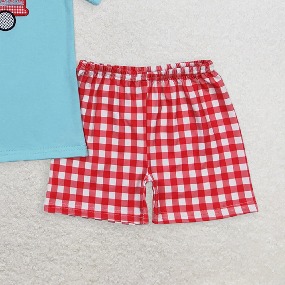 BSSO0549RTS NO MOQ Baby Boys Summer Boys Outfits Baby Boys Fire Truck Shirt Top Checkered Shorts Clothes Sets