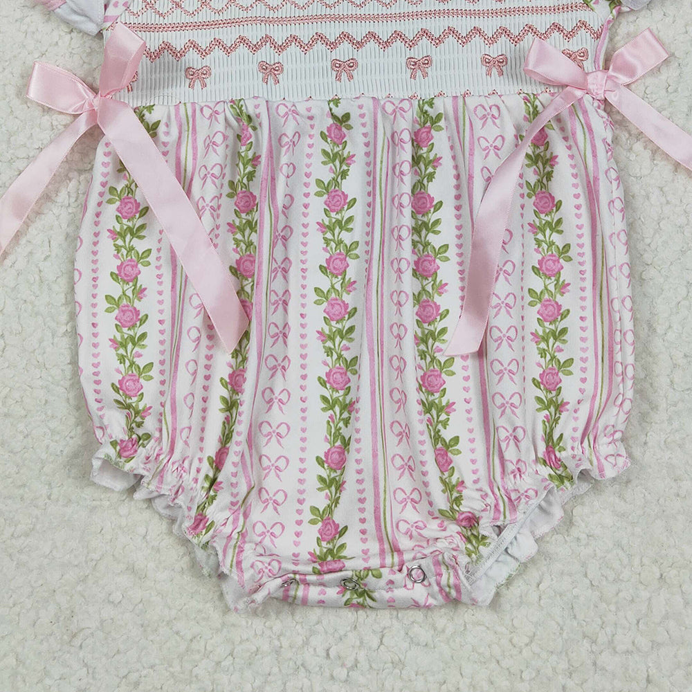 USA Shop (in stock)SR2994 RTS NO MOQ Baby Girls Summer Rompers Embroidery Baby Infant Girls Pink Floral Bows Ruffle Rompers