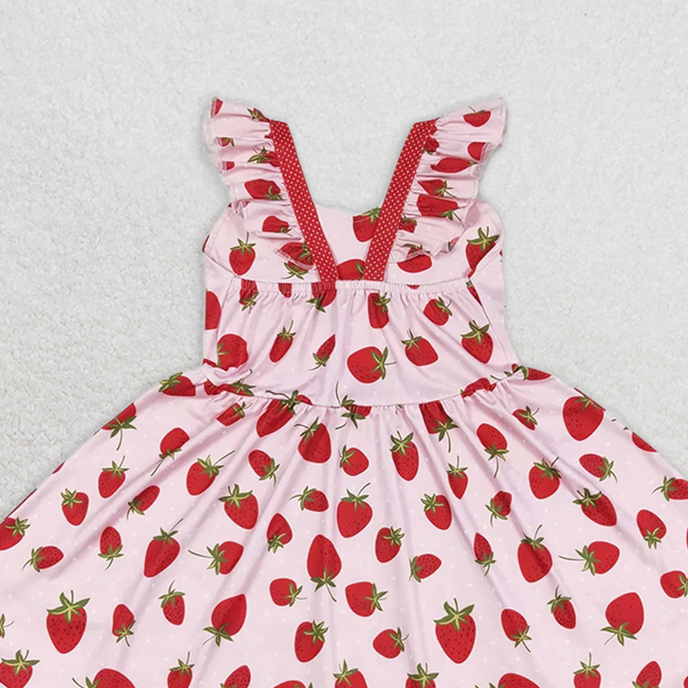 GSD1273 RTS NO MOQ Baby Girls Summer Dress Baby Girls Strawberry Flutter Sleeve Knee Length Dresses