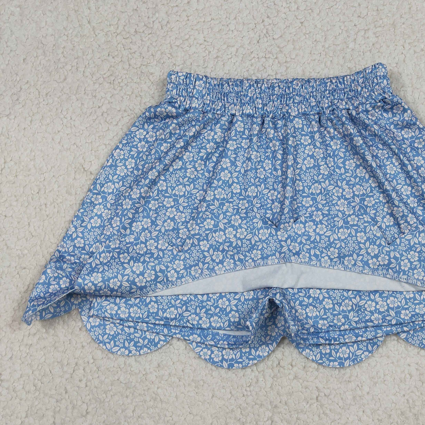 GLK0239 RTS NO MOQ (In stock)Blue floral elastic waist scallop kids girls skirts
