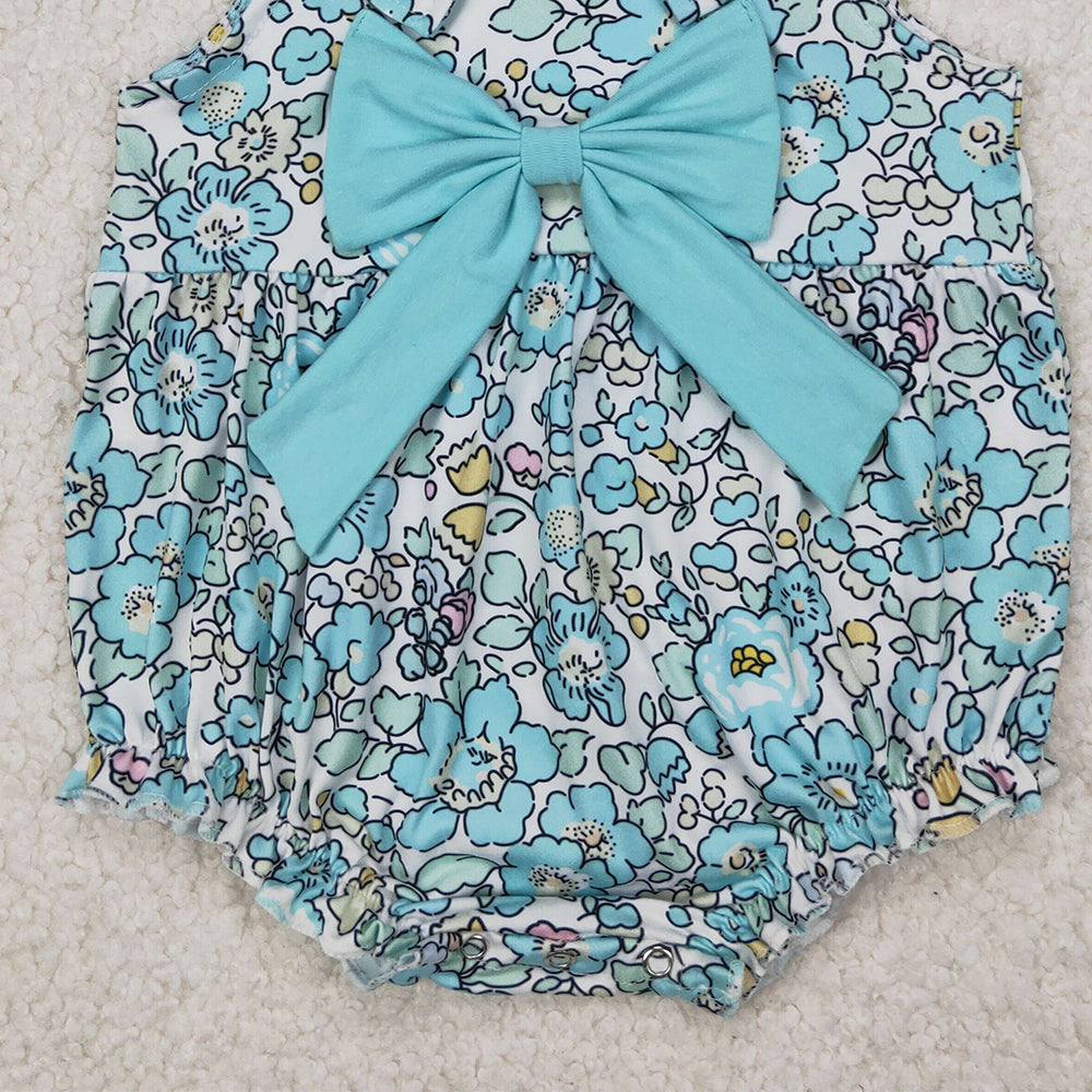 4.10 SR2829 RTS NO MOQ Baby Girls Summer Romper Baby Girls Light Blue Floral Bow Top Rompers