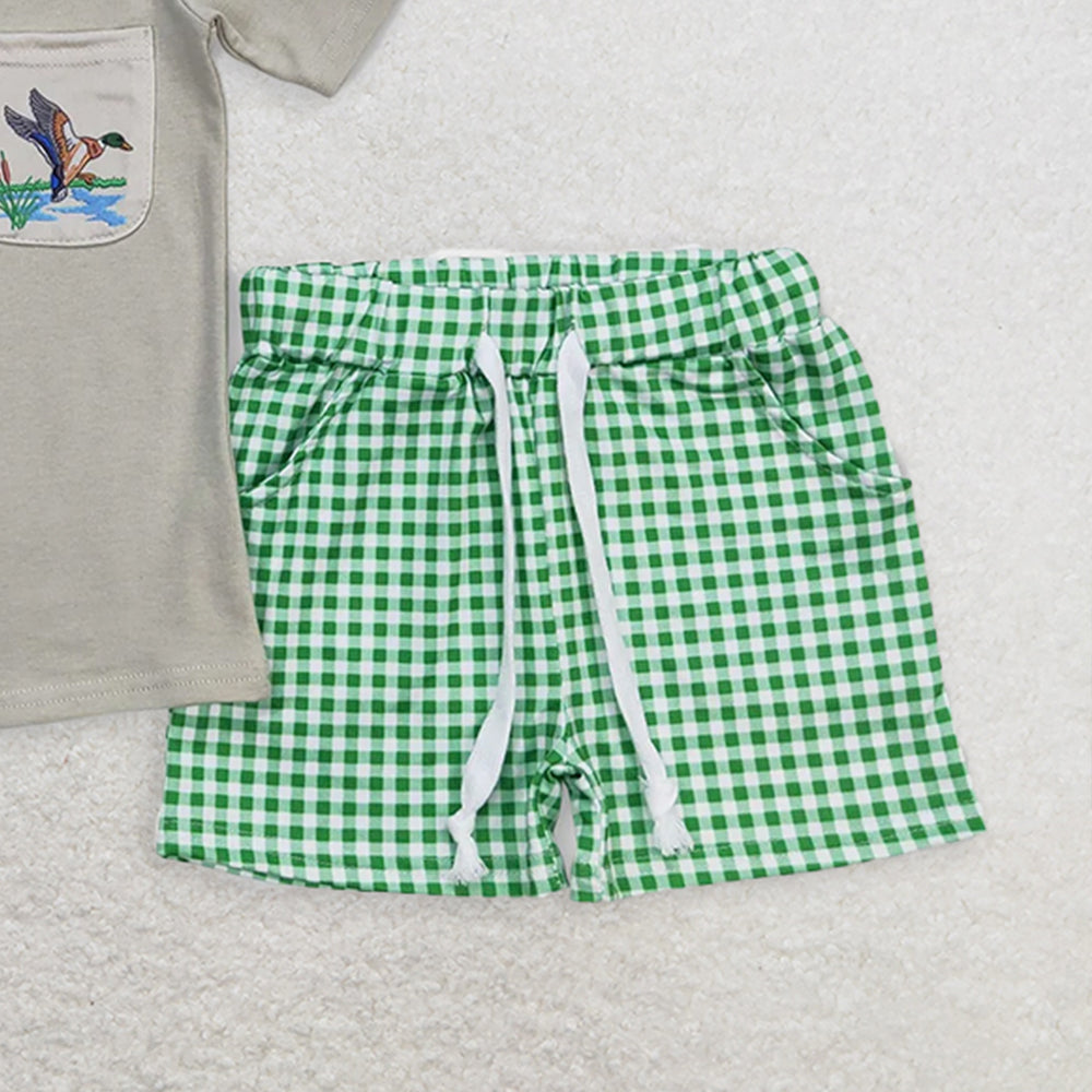 BSSO0734 RTS NO MOQ Baby Boys Summer Boys Outfits Baby Boys Ducks Green Shirt Checkered Shorts Clothes Sets
