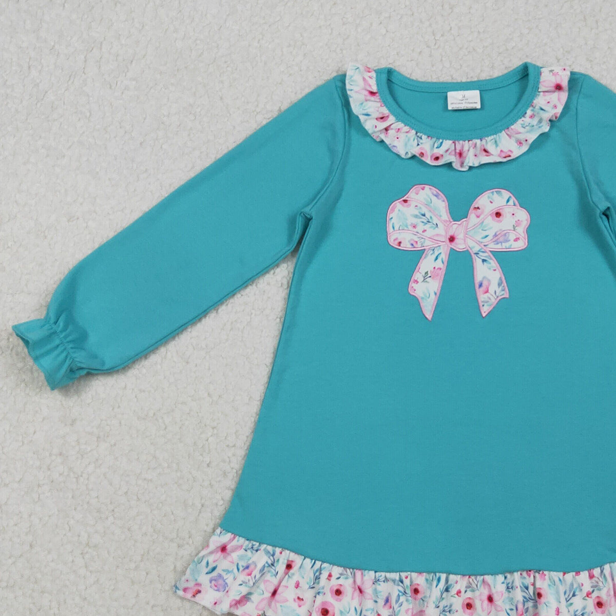 10.20 RTS NO MOQ (In stock)GLD1204 Baby Girls Winter Dress Embroidery Floral Bows Baby Girls Ruffle Knee Length Dresses