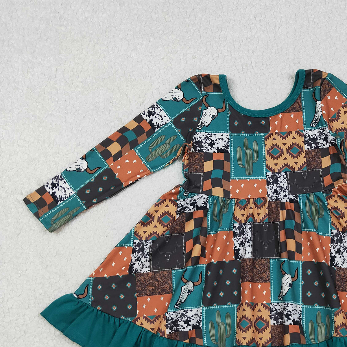 10.17 RTS NO MOQ (In stock)GLD0837 Baby Girls Winter Dress Baby Girls Western Cows Aztec Ruffle Knee Length Dresses