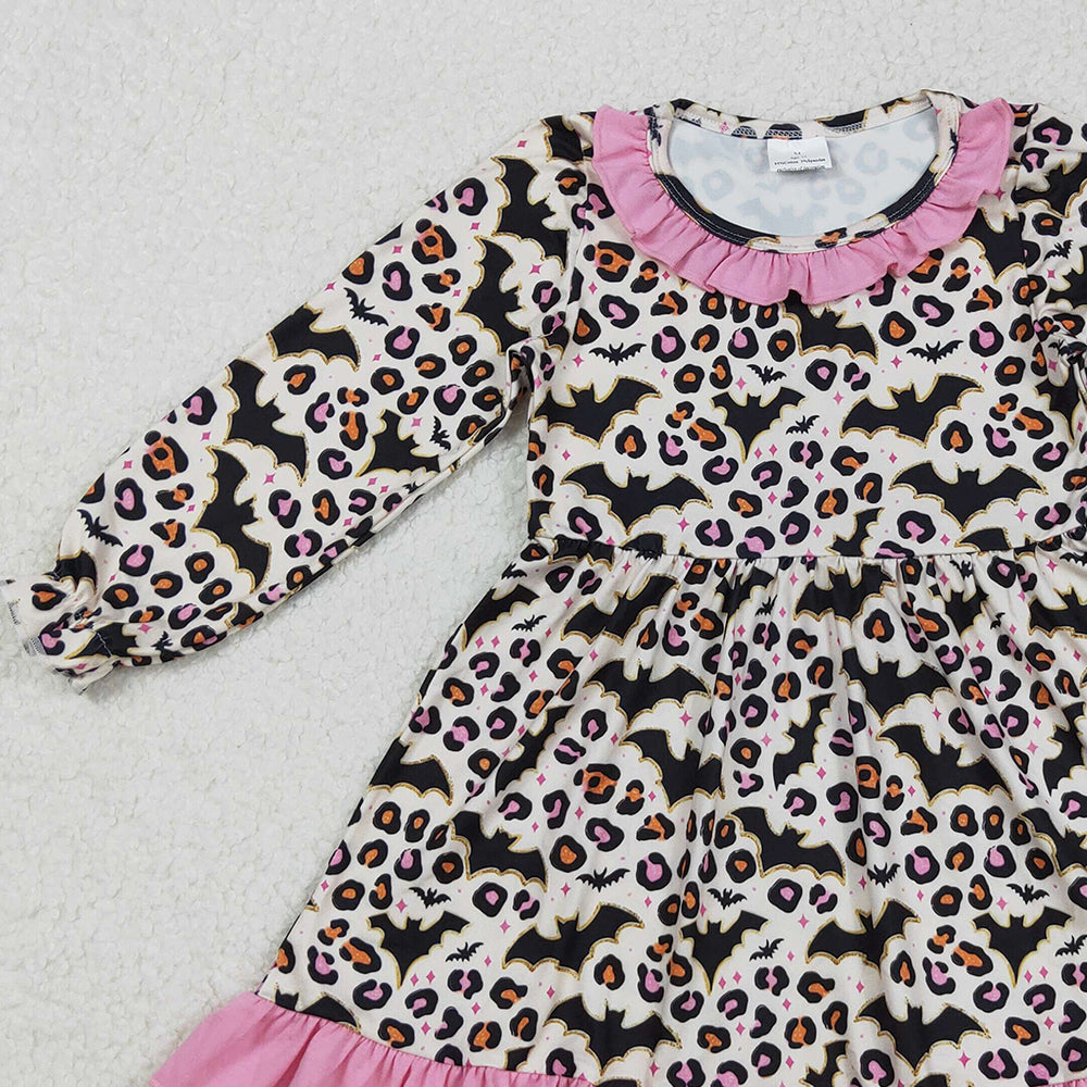 RTS NO MOQ (In stock)GLD1224 Baby Girls Winter Dress Halloween Leopard Bats Knee-Length Dress