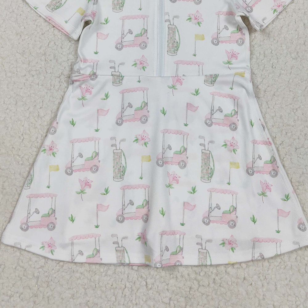 6.21 GSD2410RTS NO MOQ Baby Girls Summer Yoga Dress Baby Girls Short Sleeves Pink Flowers Golf Zipper Knee Length Dresses