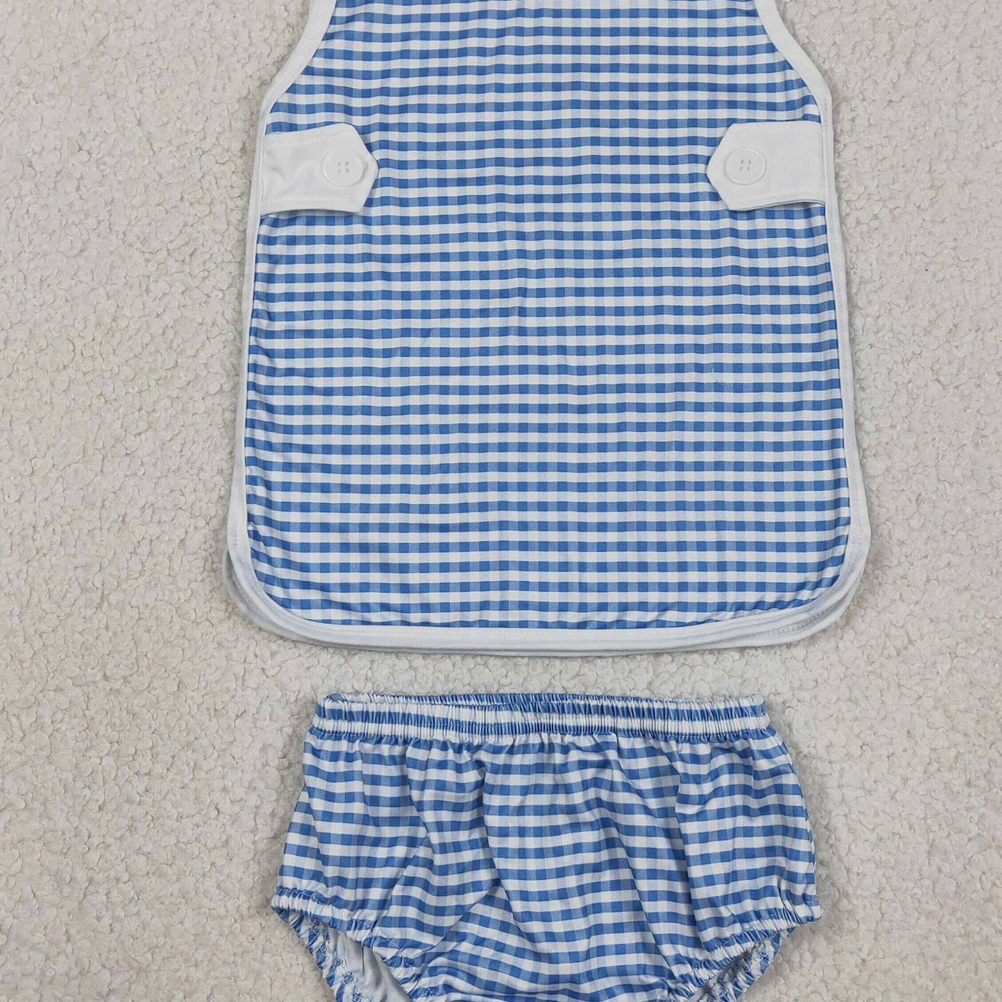 GBO0531 RTS NO MOQ (In stock)Sleeveless top light blue plaid bummies baby girls set