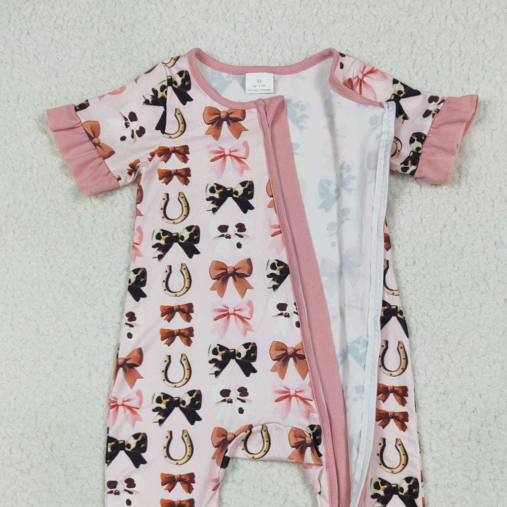 RTS NO MOQ (In stock)SR3116 Baby Girls Summer Rompers Baby Girls Pink Short Ruffle Sleeves Bows Horse Shoes Zipper Rompers