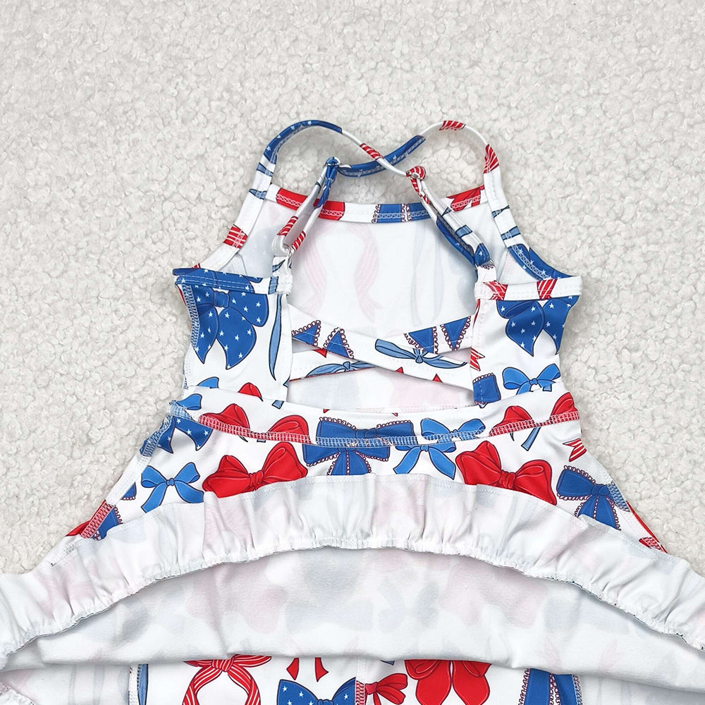 6.21 GSD2345 RTS NO MOQ Baby Girls Summer Yoga Dress Baby Girls Strap Blue Red Bows 4th Of July Yoga Active Knee Length Dresses
