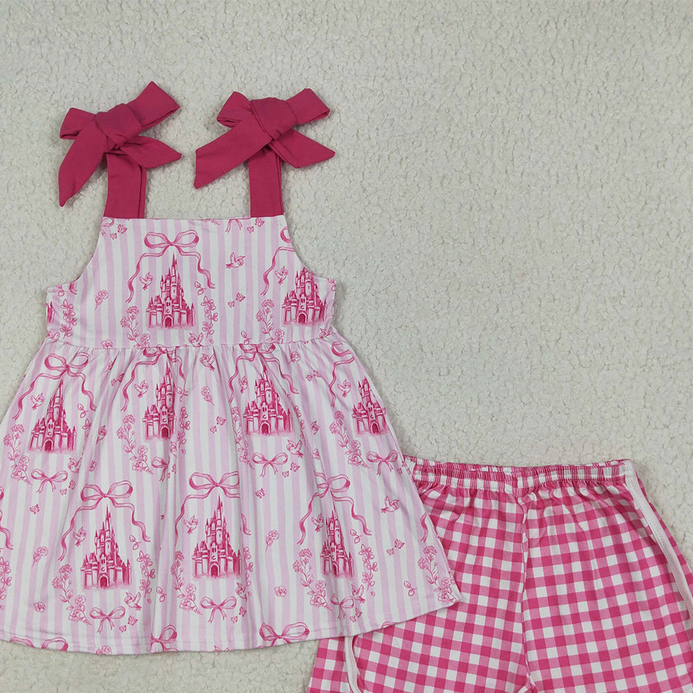 7.10 GSSO2582RTS NO MOQ Baby Girls Summer Outfits Baby Girls Pink Strap Castles Bows Tunic Plaid Short Set