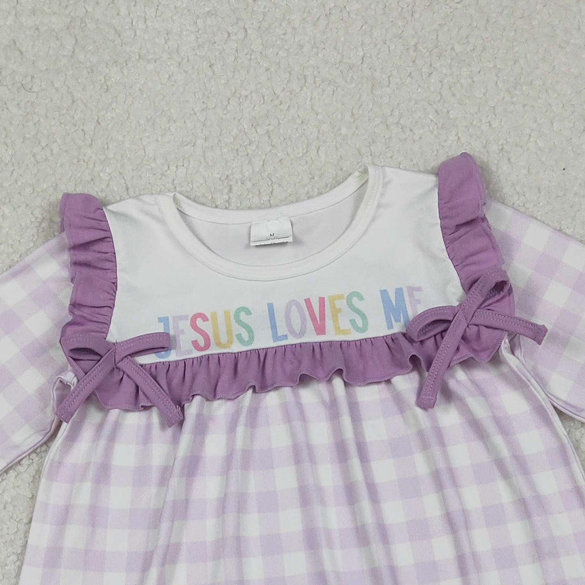 10.27 RTS NO MOQ (In stock)GLD1356 Baby Girls Winter Dress Baby Girls Lavender Checked Jesus Love Me Cross Knee Length Dresses