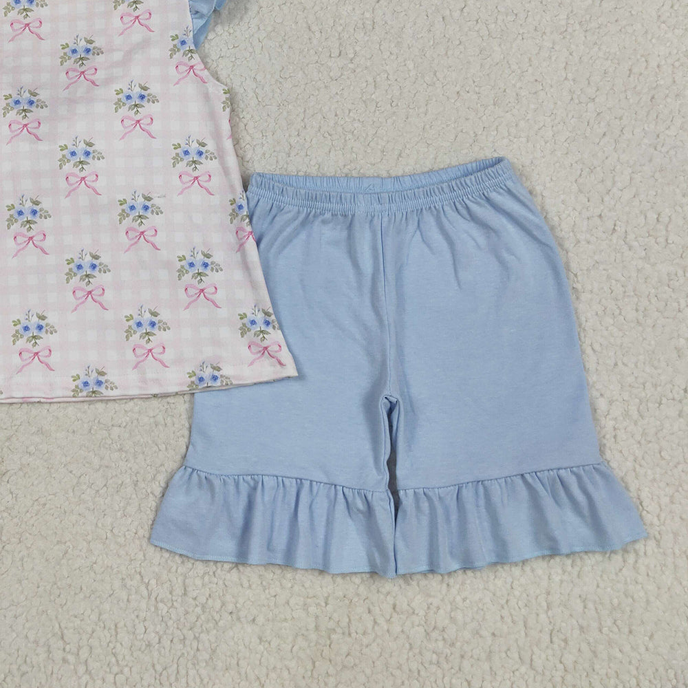 5.17 GSSO1577RTS NO MOQ Baby Girls Summer Outfits Baby Girls Floral Flutter Sleeves Top Blue Short Set