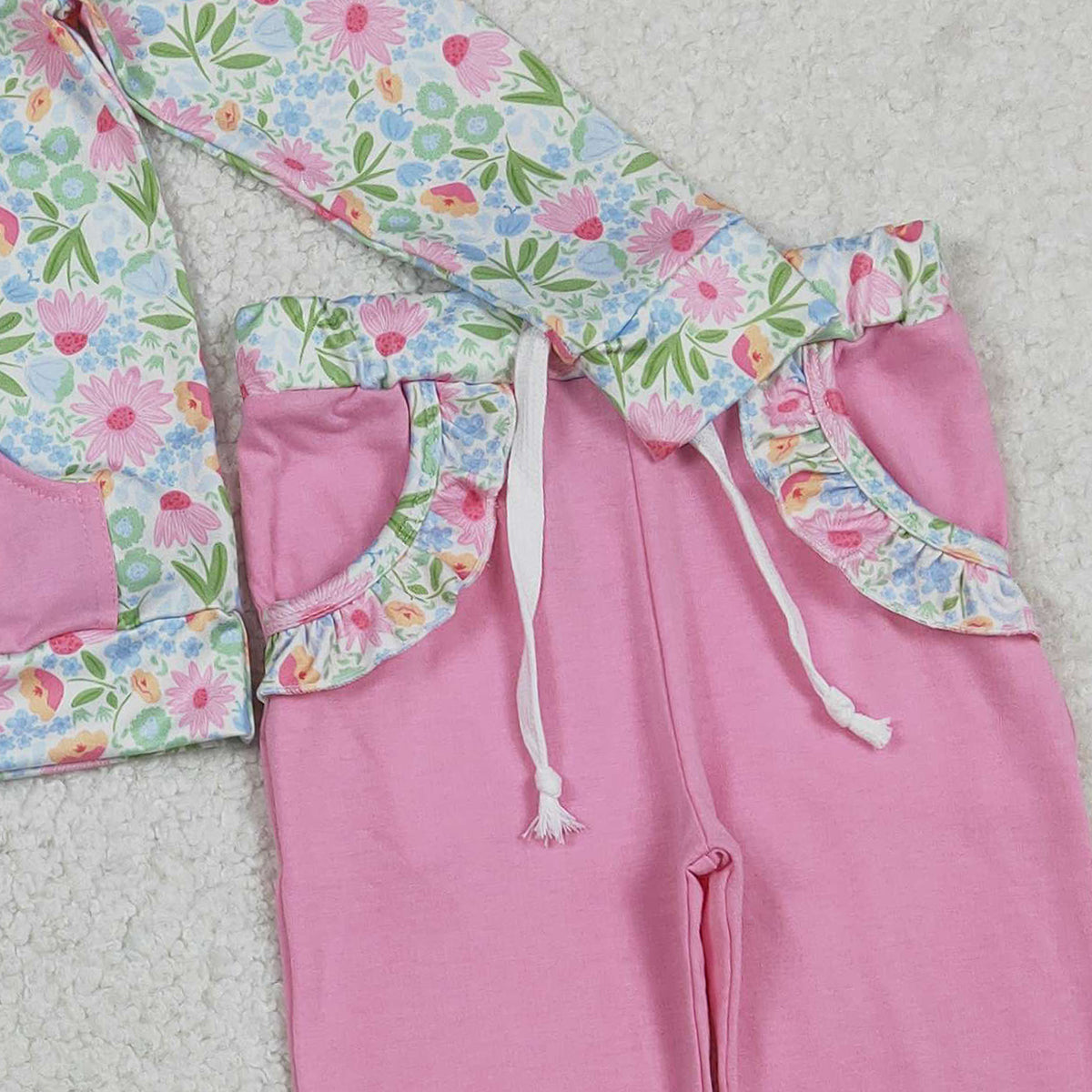 1.7 RTS NO MOQ (In stock)GLP3282 Baby Girls Colorful Flowers Zip Pocket Pullovers Jogger Pants Clothes Sets