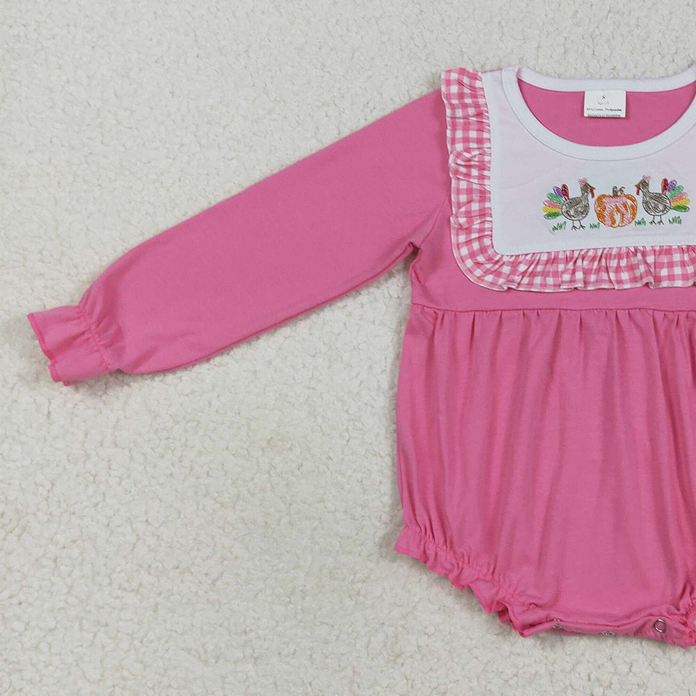 RTS NO MOQ (In stock)LR2287 Baby Girls Winter Rompers Baby Girls Pink Thanksgiving Turkey Pumpkins Ruffle Rompers