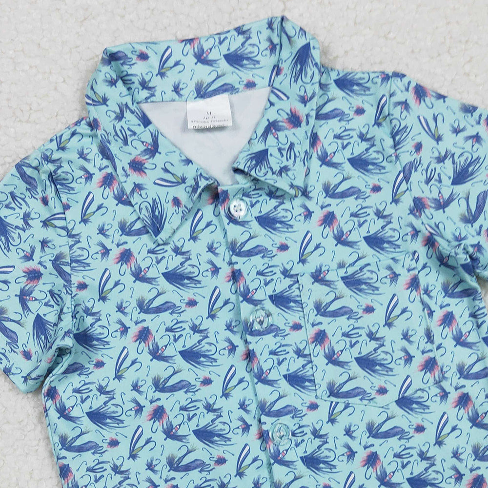 RTS NO MOQ (In stock)BT1296 Baby Boys Summer Tops Short Sleeves Blue Flowers Button Shirts Top