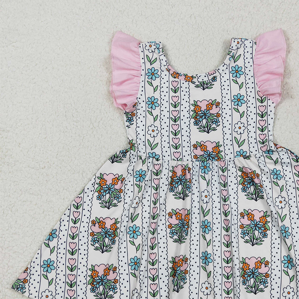 GSD2527 RTS NO MOQ Baby Girls Summer Dress Baby Girls Pink Flutter Sleeves Floral Stripe Knee Length Dress