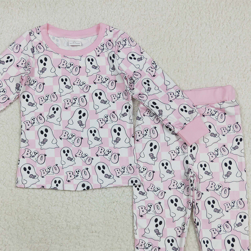 RTS NO MOQ (In stock)GLP2433 Baby Girls Winter Outfits Baby Girls Pink Halloween Ghost BOO Top Pant Pajamas Sets