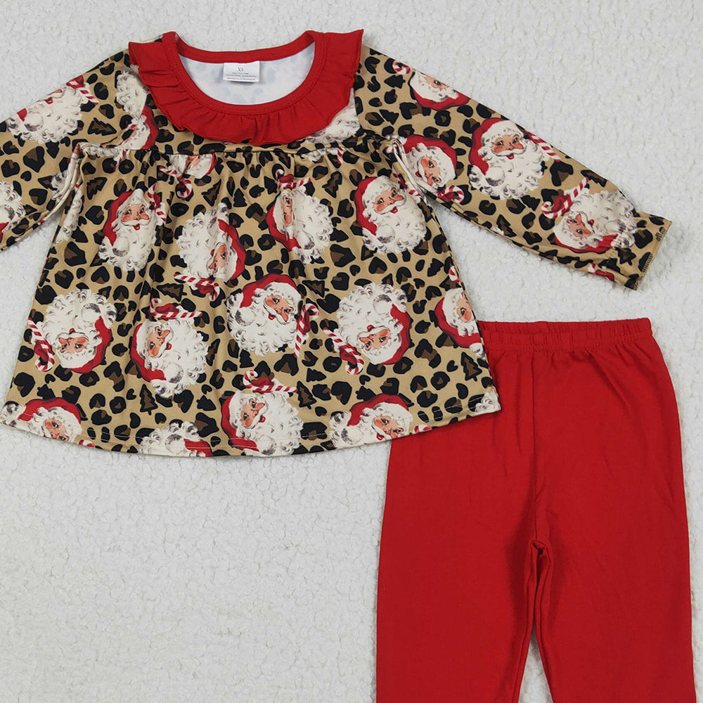 8.13 GLP2369RTS NO MOQ Baby Girls Winter Outfits Baby Girls Long Sleeves Leopard Santa Tunic Ruffle Pants Set