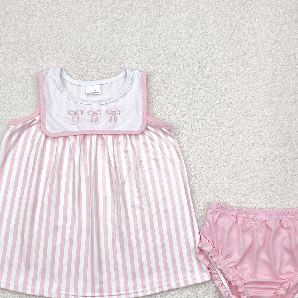 4.09 GBO0476 RTS NO MOQ Baby Girls Summer Outfits Pink bow stripe sleeveless tunic bummies girls clothes