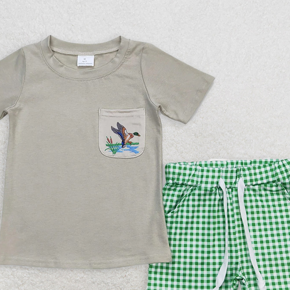 BSSO0734 RTS NO MOQ Baby Boys Summer Boys Outfits Baby Boys Ducks Green Shirt Checkered Shorts Clothes Sets