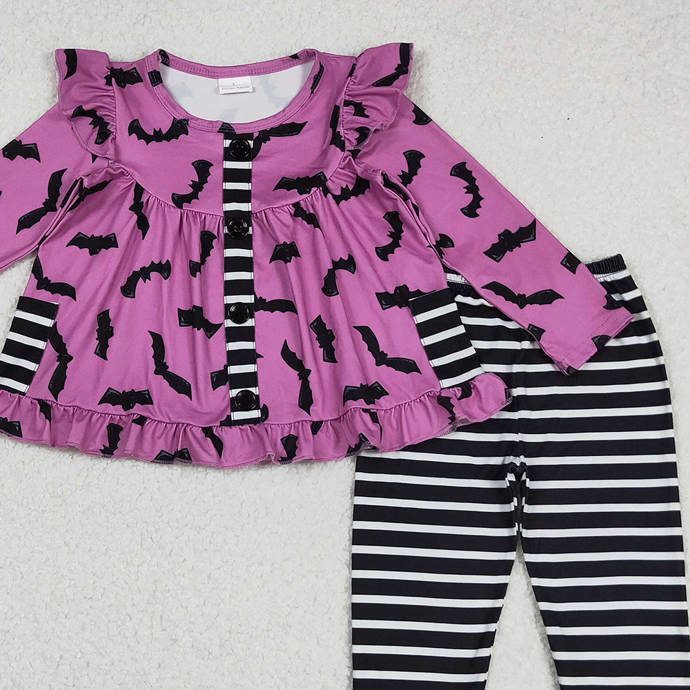 RTS NO MOQ (In stock)GLP2693 Baby Girls Winter Outfits Halloween Bat Pockets Tunic Stripe Leggings Set Cute Costume Outfit for Kids