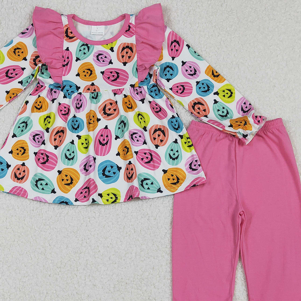 RTS NO MOQ (In stock)GLP2569 Baby Girls Winter Outfits Halloween Colorful Ghost Pumpkins Top Ruffle Pants Sets