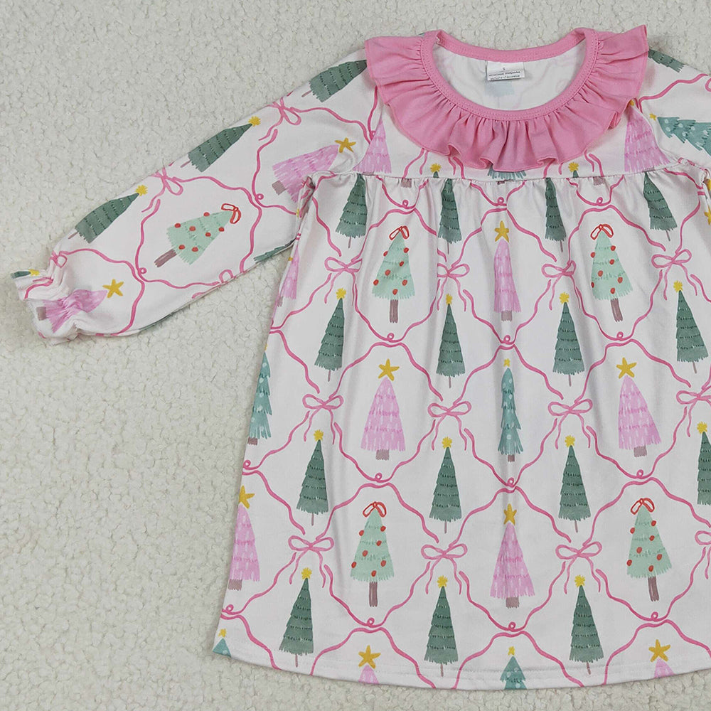 8.15 GLD1093 RTS NO MOQ Baby Girls Winter Dress baby girl clothes Christmas trees bow pink long sleeve dress