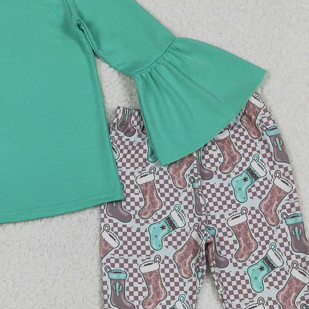 11.6 RTS NO MOQ (In stock)GLP3036 Baby Girls Aqua Top Cactus Boots Bell Bottom Pants Western Clothes Sets