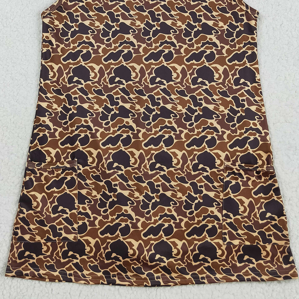 8.21 RTS NO MOQ (In stock)GSD2735 Adult Women Strap Brown Camo Pockets Yoga Active Shorts Dresses