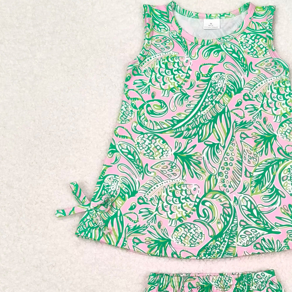 GBO0343 New Rts No Moq 8-9 Days By Air Arrived it Sleeveless green pink watercolor baby girls bummies set
