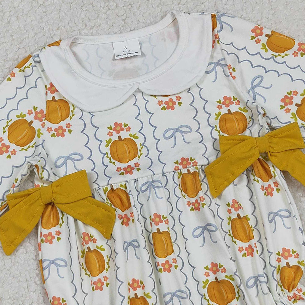 RTS NO MOQ (In stock)LR2389 Baby Girls Winter Rompers Fall Seasonal Pumpkin Bow Design Comfortable Cotton Outfit for Infants