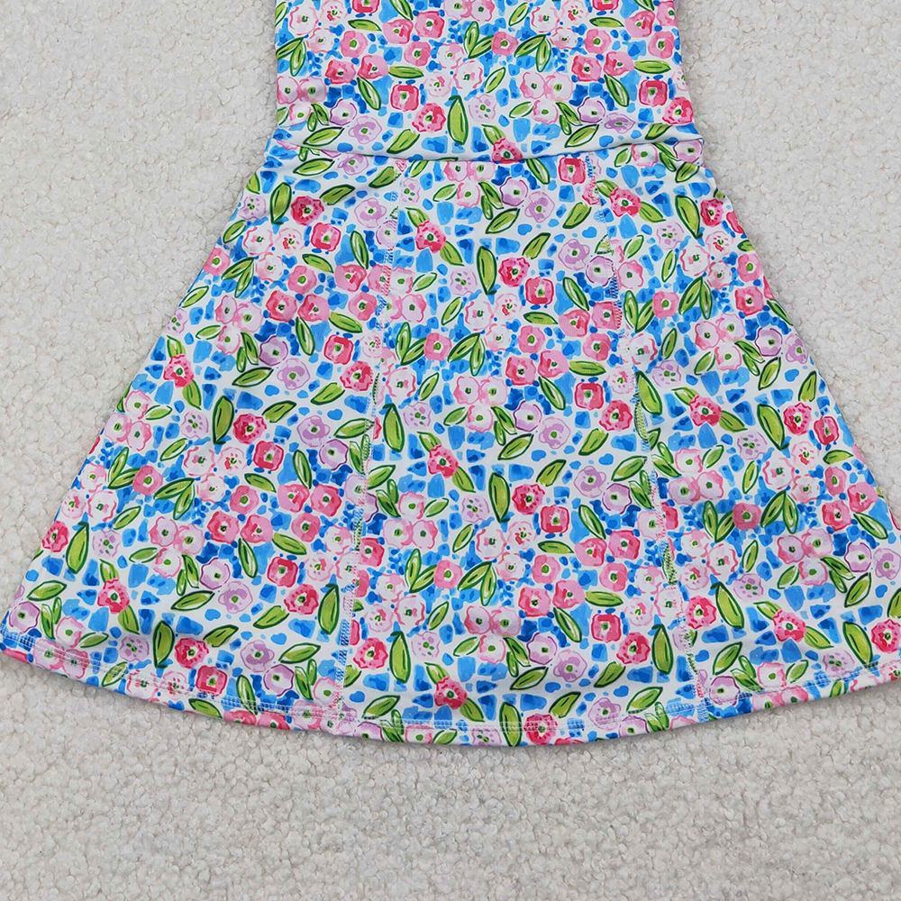 4.14 GSD1990 RTS NO MOQ Baby Girls Summer Yoga Dress Sleeveless blue floral kids girls athletic dresses