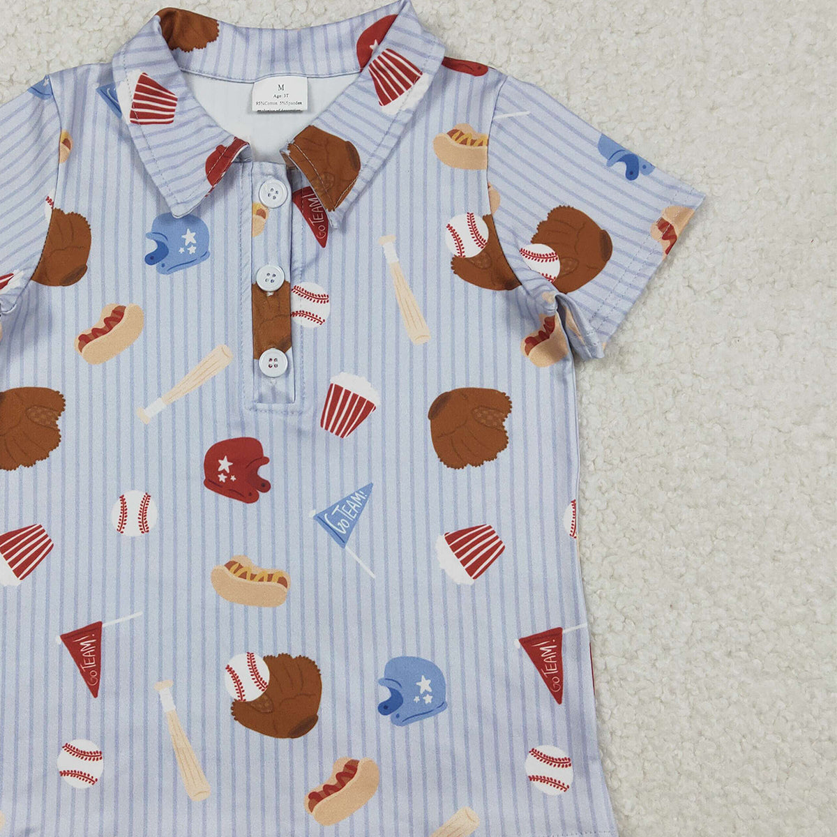 12.29 RTS NO MOQ (In stock)BT1580 Baby Boys Blue Stripe Baseballs Team Button Polo Shirts Top