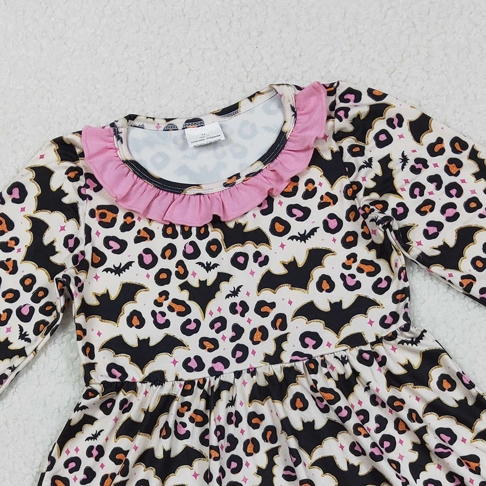 RTS NO MOQ (In stock)GLD1224 Baby Girls Winter Dress Halloween Leopard Bats Knee-Length Dress