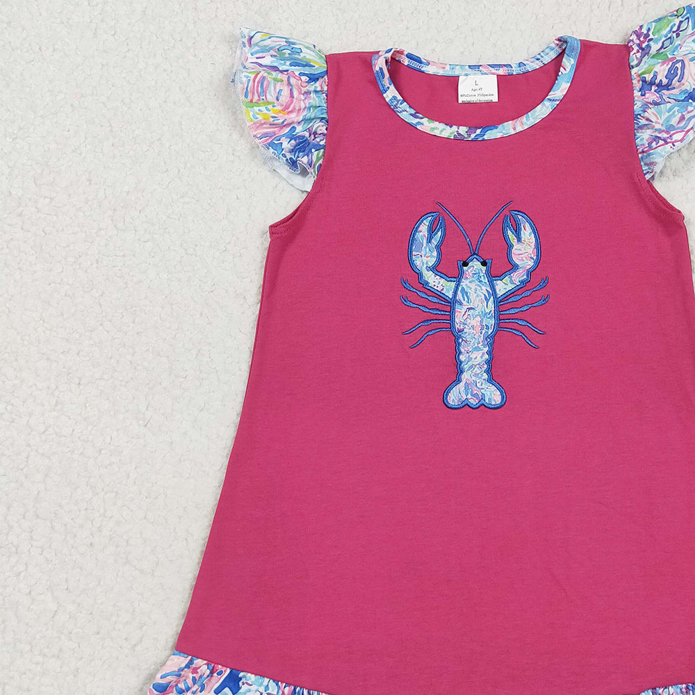RTS NO MOQ (In stock)GSD2398 Baby Girls Summer Dress Embroidery Baby Girls Flutter Sleeves Floral Crayfish Knee Length Dress