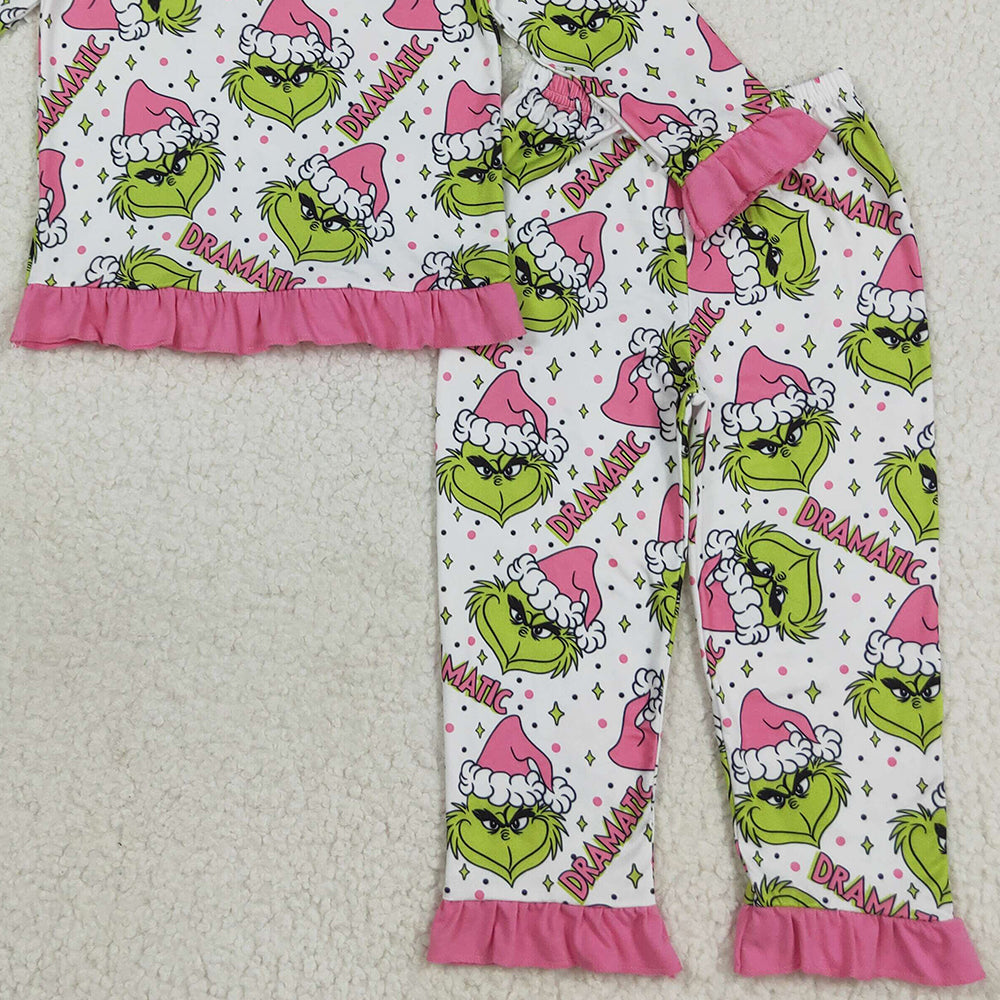 RTS NO MOQ (In stock)GLP2645 Baby Girls Winter Outfits Baby Girls Green Face Stars Plaid Top Pant Christmas Pajamas Set