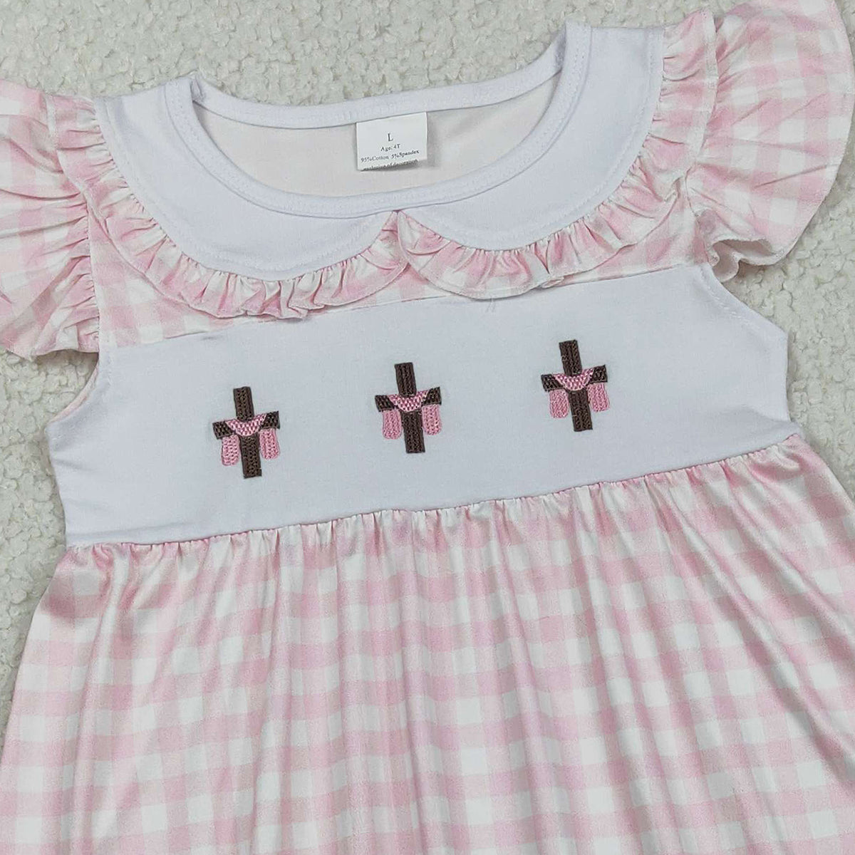 2.2 RTS NO MOQ (In stock)GSD3382 Embroidery Crosses Baby Girls Pink Checked Easter Collar Knee Length Dresses